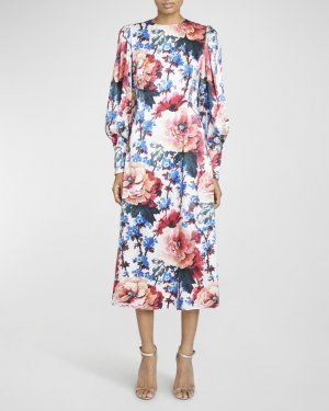 Шелковое платье миди с поясом и пышными рукавами цветочным принтом Andrew Gn