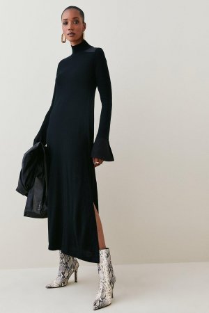 Трикотажное платье макси из мериносовой шерсти и шелковых манжет , черный Karen Millen