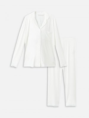 Однотонный пижамный комплект для беременных с рубашечным воротником и длинными рукавами LCW DREAM, экрю Dream