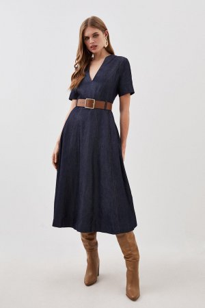 Джинсовое платье миди с пышной юбкой и короткими рукавами на заказ , синий Karen Millen