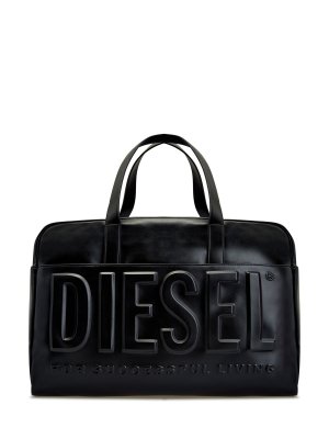 Дорожная сумка из гладкой эко-кожи с фактурным логотипом DIESEL. Цвет: черный