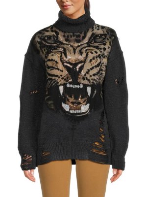 Рваный свитер с декором Tiger , черный Roberto Cavalli
