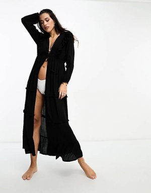 Черное пляжное платье макси с длинными рукавами и оборками спереди Isla & Bird Iisla