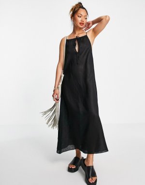 Черное платье миди из органического льна с завязкой на шее -Черный цвет Aligne