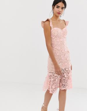 Розовое кружевное платье миди с вышивкой и отделкой на плечах -Розовый цвет Jarlo
