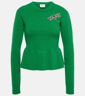Шерстяной свитер с баской в рубчик , зеленый Erdem