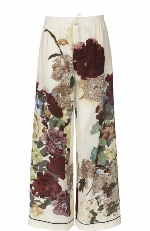 Шелковые брюки в пижамном стиле с цветочным принтом Valentino. Цвет: кремовый