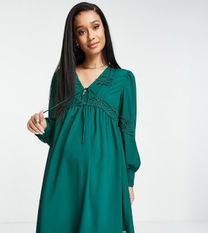 Темно-зеленое платье мини с кружевной отделкой и присборенной юбкой ASOS DESIGN Maternity-Зеленый цвет Maternity