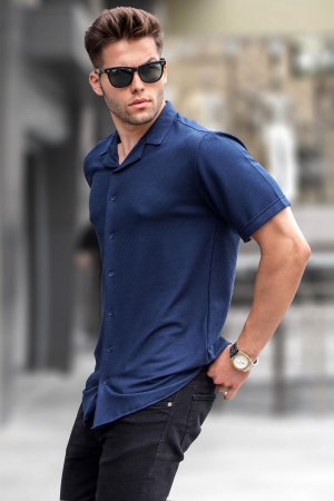 Мужская темно-синяя рубашка с коротким рукавом , темно-синий Madmext