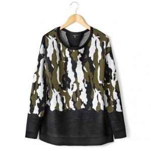 Пуловер с длинными рукавами, круглым вырезом и камуфляжной расцветкой COLOR BLOCK. Цвет: хаки/ белый
