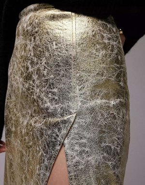 Золотая юбка миди из искусственной кожи с разрезом и швами Topshop