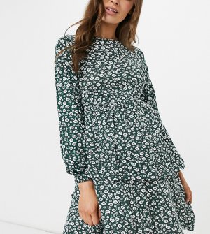 Платье с присборенной юбкой, длинными рукавами и цветочным принтом в винтажном стиле Wednesdays Girl Maternity-Зеленый цвет Wednesday's Maternity