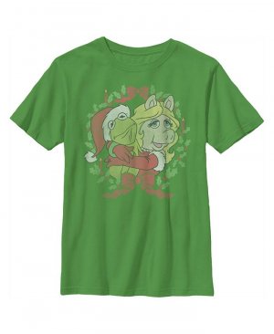 Детская футболка Рождественские куклы Маппеты с Кермитом и Пигги обнимаются для мальчика , зеленый Disney