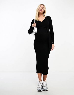 Черное трикотажное платье миди с запахом спереди DESIGN Maternity Asos