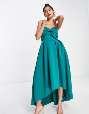 Платье миди изумрудно-зеленого цвета с большим бантом и ассиметричным низом -Зеленый цвет True Violet