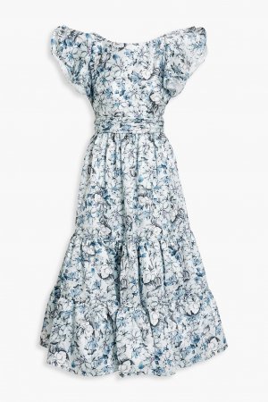 Платье миди из атласного твила с оборками и цветочным принтом BADGLEY MISCHKA, синий Mischka