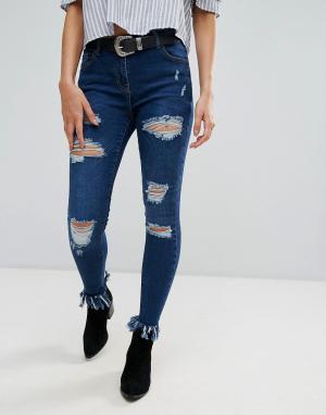 Рваные джинсы с бахромой по краю Parisian. Цвет: синий