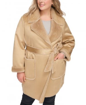 Женское пальто больших размеров из искусственной дубленки с поясом и зубчатым воротником , тан/бежевый DKNY