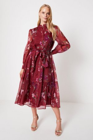 Платье-рубашка миди из органзы с поясом и цветочным принтом Berry , красный Oasis