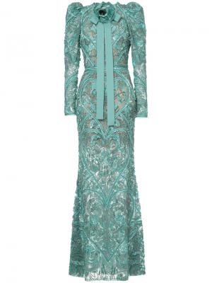 Декорированное вечернее платье с длинными рукавами Elie Saab. Цвет: зелёный