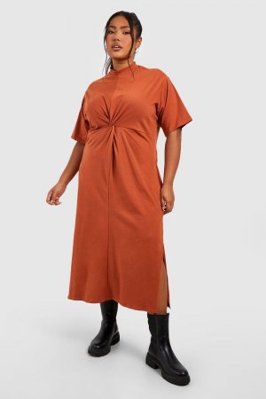 Плюс хлопковое платье мидакси с короткими рукавами и закрученной передней частью boohoo, оранжевый Boohoo