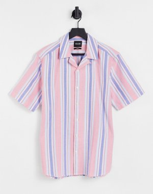 Розовая рубашка в полоску с короткими рукавами и отложным воротником -Розовый цвет Only & Sons
