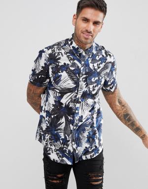 Темно-синяя рубашка с пальмовым принтом и короткими рукавами Armani Ex Exchange. Цвет: темно-синий