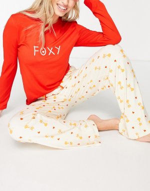 Длинный пижамный костюм с надписью Foxy красного и кремового цветов -Красный Loungeable
