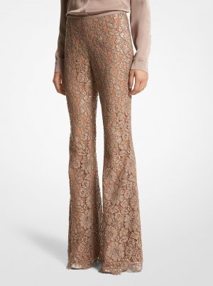 Расклешенные брюки из кружева с цветочной вышивкой и пайетками вручную, коричневый Michael Kors