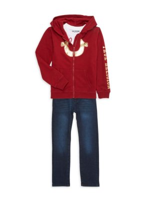 Комплект из трех предметов: футболка с логотипом, худи и джинсы для мальчика , цвет Red Dahlia True Religion