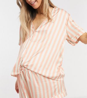 Атласная пижама из топа и шортов персикового цвета в полоску ASOS DESIGN Maternity-Розовый цвет Maternity