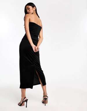Черное бархатное платье миди со сборками по бокам New Look