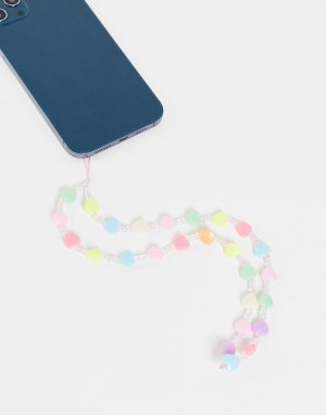 Разноцветная подвеска для телефона из пастельных крупных бусин-сердечек -Разноцветный DesignB London