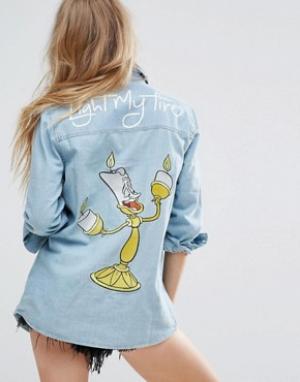 Джинсовая рубашка с вышитым Люмьером Beauty And Beast Minkpink. Цвет: синий
