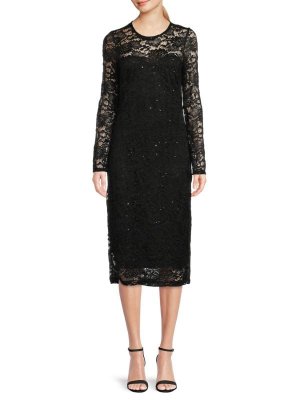 Кружевное платье-футляр миди с длинными рукавами, черный Donna Ricco
