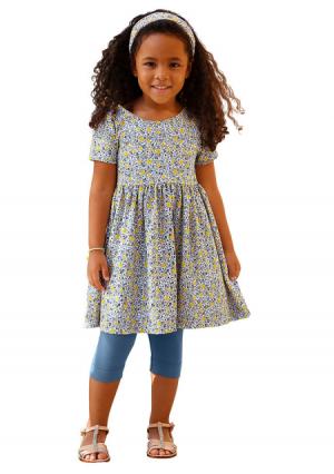 Комплект, 3 части: платье + легинсы лента для волос KIDOKI. Цвет: синий/с рисунком