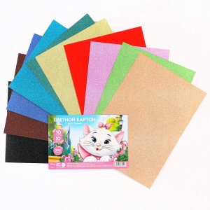 Картон цветной, с блестками, 10 листов, цветов, 250 грамм, а4, коты аристократы Disney. Цвет: разноцветный, микс