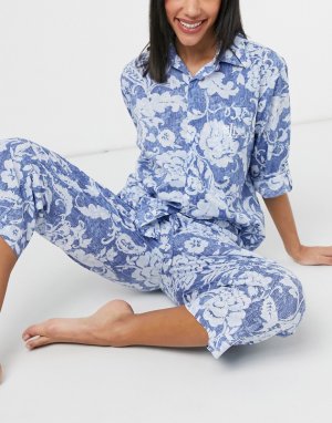 Темно-синяя пижама с брюками капри и рубашкой лацканами цветочным принтом Lauren by Ralph Lauren-Темно-синий