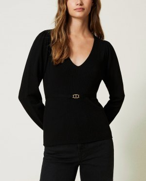 Женский бесшовный свитер овальной формы с поясом, черный TWINSET. Цвет: черный