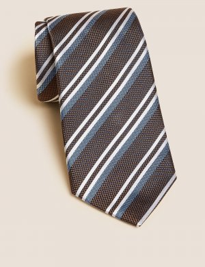 Полосатый галстук из чистого шелка , коричневый микс Marks & Spencer