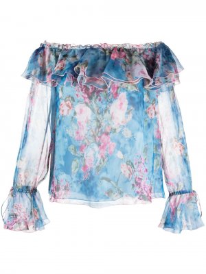 Блузка с открытыми плечами и оборками Blumarine. Цвет: синий