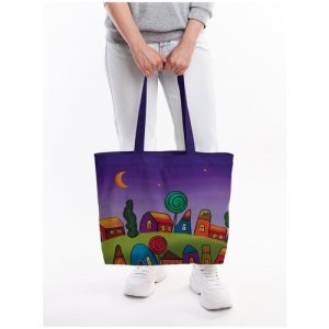 Текстильная женская сумка Милый городок на молнии для пляжа и фитнеса JoyArty. Цвет: фиолетовый/зеленый/оранжевый