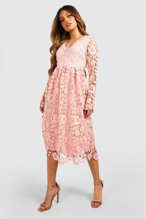 Кружевное платье миди с длинным рукавом, связанное крючком , розовый Boohoo