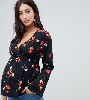 Блузка с цветочным принтом, запахом и расклешенными рукавами Influence Maternity. Цвет: черный