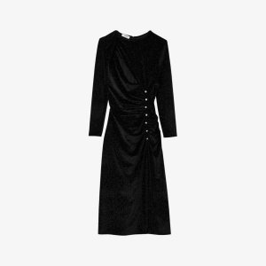Платье миди из эластичного бархата, украшенное стразами и вырезами , цвет noir / gris Sandro
