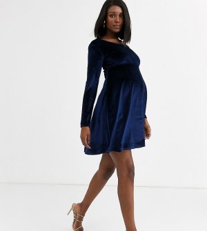 Эксклюзивное приталенное платье миди из бархата темно-синего цвета с длинными рукавами -Темно-синий Blume Maternity