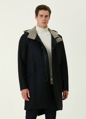Темно-синяя шерстяная куртка с капюшоном и деталями из овчины Harris Wharf London. Цвет: синий