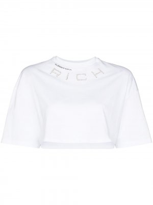 Укороченная футболка с кристаллами Alessandra Rich. Цвет: белый