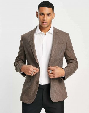 Свадебный пиджак скинни из смесовой шерсти светло-коричневого цвета с узором «елочка» ASOS