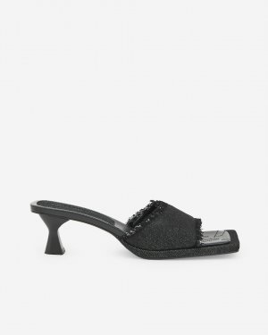 Джинсовые женские босоножки на каблуке с черной бахромой , черный Adolfo Dominguez